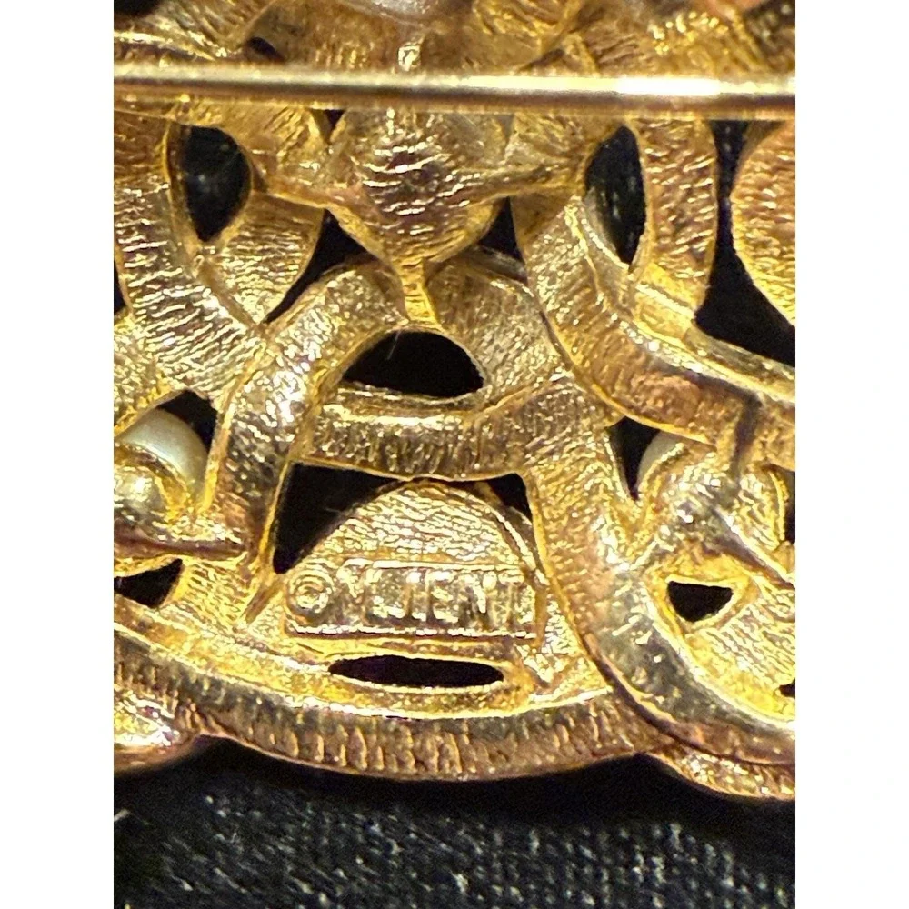 Vintage M. Jent Gold Tone Brooch Faux Pearls Woven Design Signed